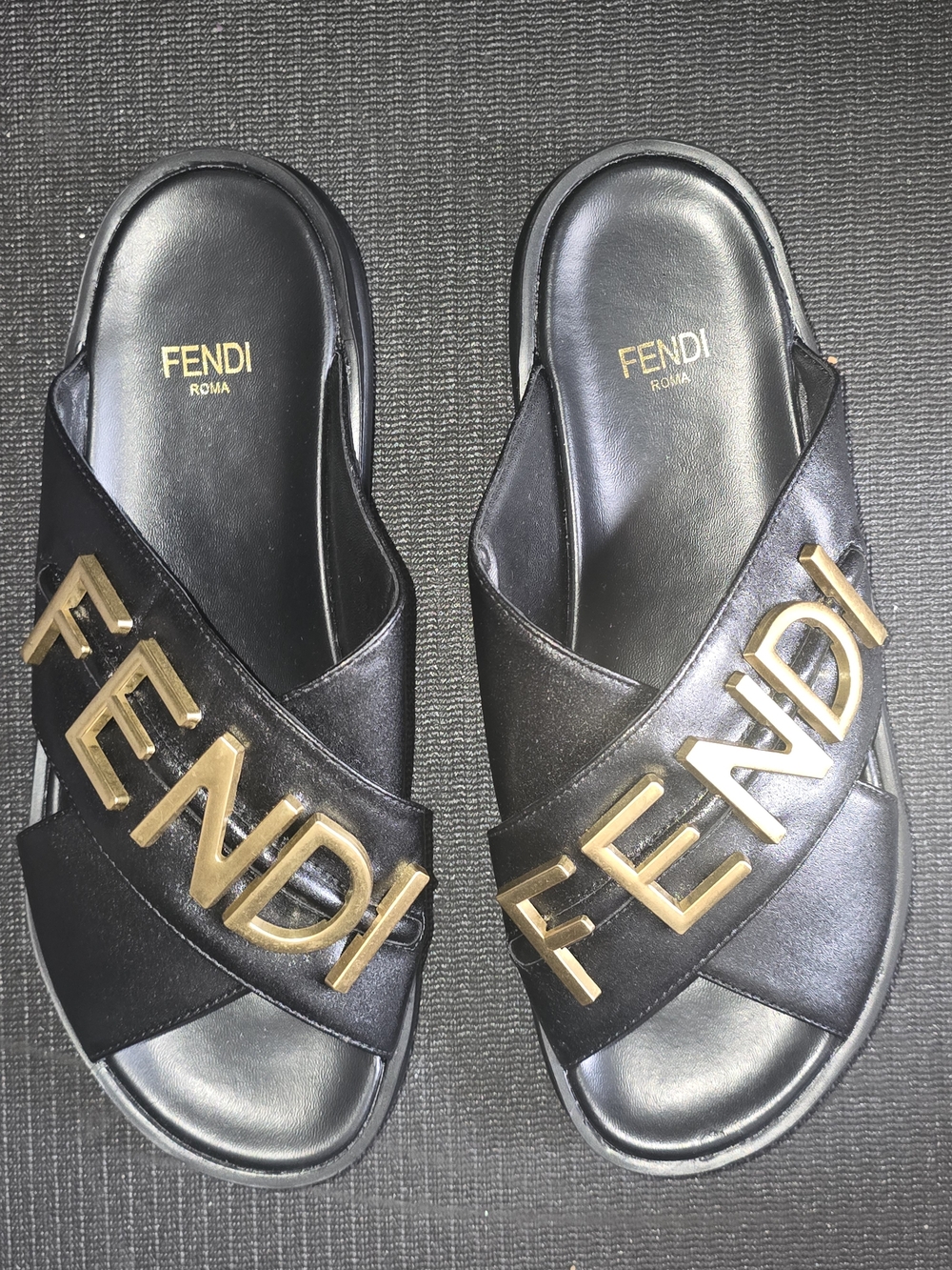 Black Leather Gold Lettering Sandals